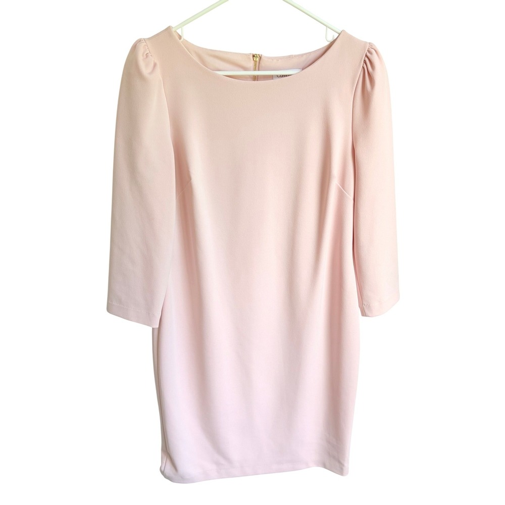 Calvin Klein Sheath Dress 12 Professional Blush Pink Puff Sleeve Gold Zipper